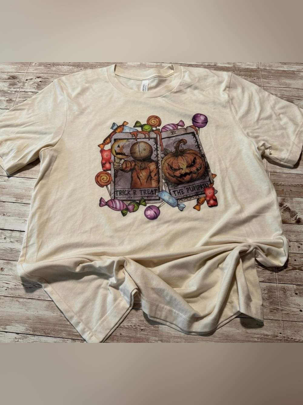 Cream Halloween Pumpkin & Candy Tarot Cards Shirt Large